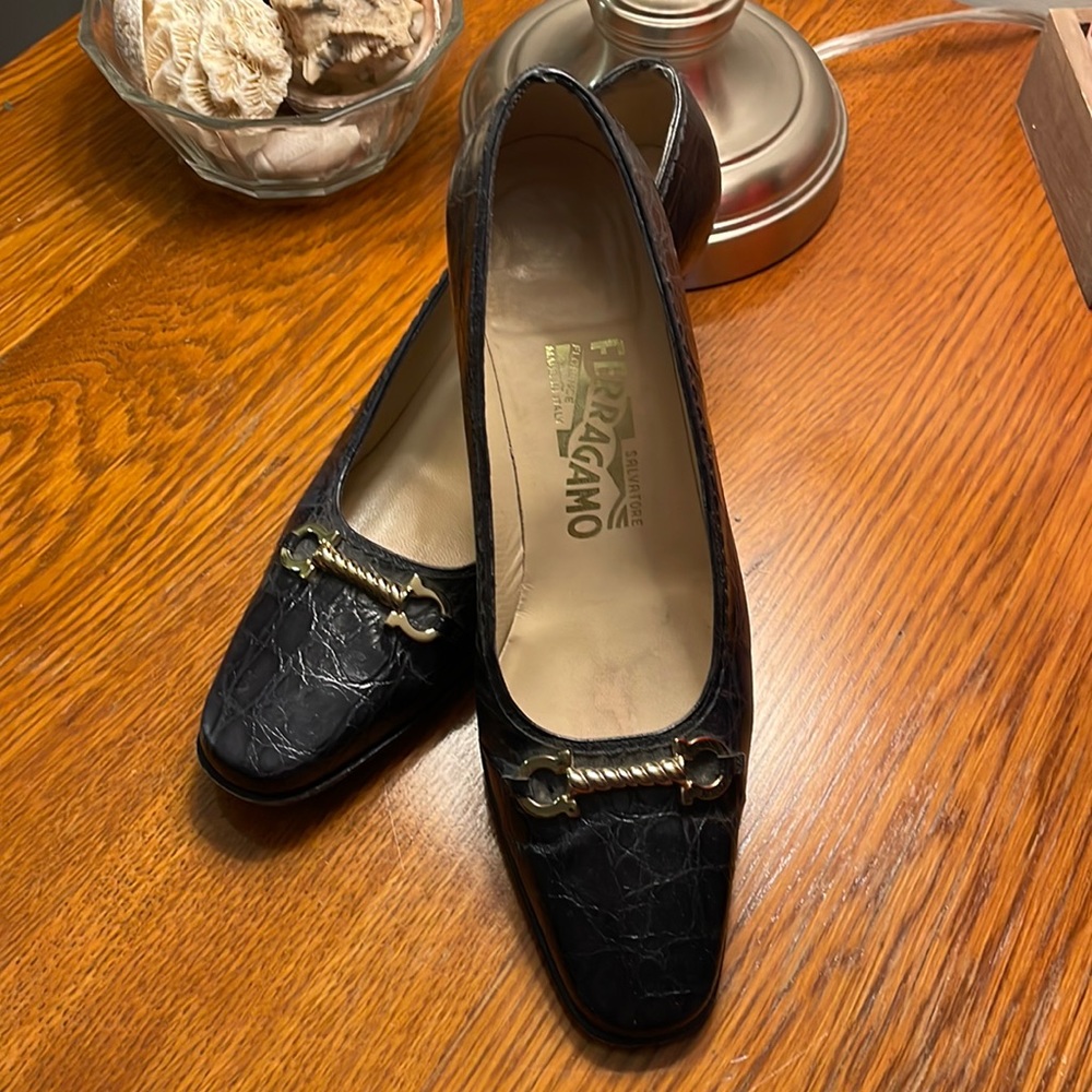 Salvatore Ferragamo Brown Alligator with Gold Accent Heel